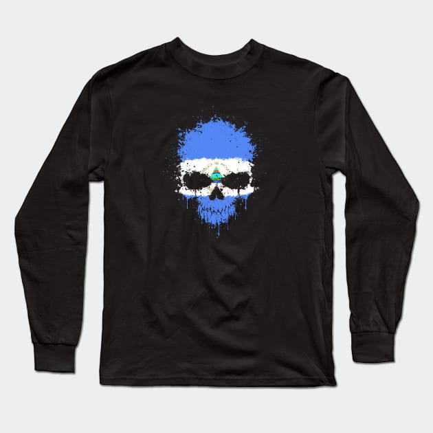 Chaotic Nicaraguan Flag Splatter Skull Long Sleeve T-Shirt by jeffbartels